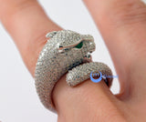 Panther Leopard Ring Green Eyes Fashion Ring Signity CZ Rhodium Sterling Silver