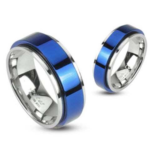 6mm Spinning Center Blue IP 316L Stainless Steel Double Layered Ring - Zhannel