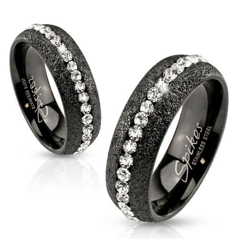 Glittery Black IP Over Stainless Steel Eternity Ring with Clear CZ Center - Zhannel
