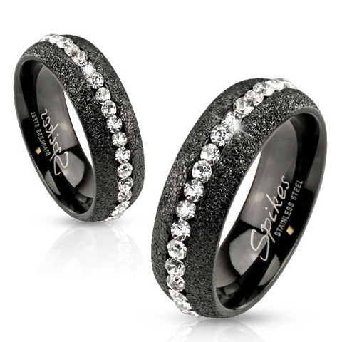 Glittery Black IP Over Stainless Steel Eternity Ring with Clear CZ Center - Zhannel