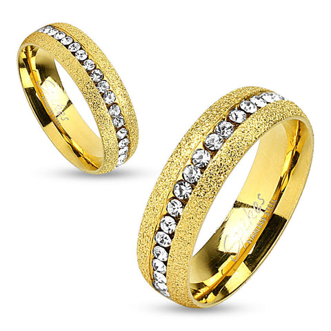 Glittery Gold IP Stainless Steel Eternity Wedding Band Ring w/CZ - Zhannel