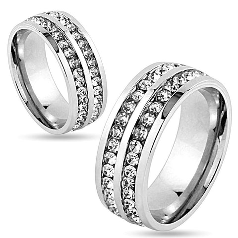 8mm Double Lined CZ Center Stainless Steel Wedding Band Ring - Zhannel