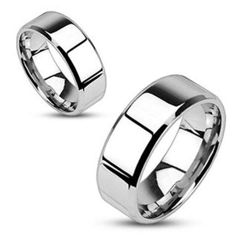 6mm Mirror Polished Flat Band Beveled Edge 316L Stainless Steel Ring - Zhannel