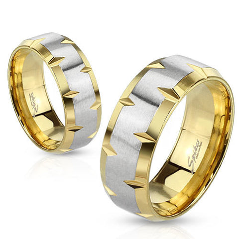 8mm Indented Beveled Edges Stainless Steel Gold IP Wedding Band Ring - Zhannel