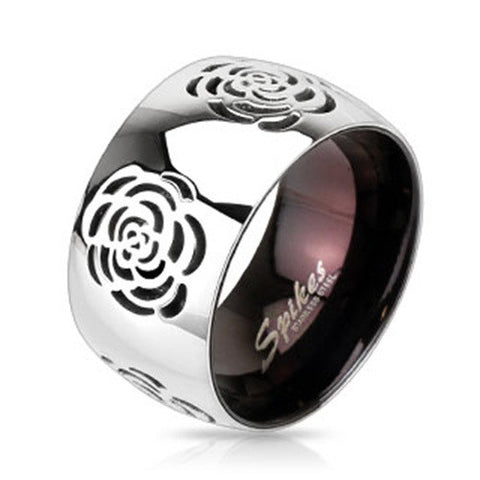 Grooved Rose Two Tone Black IP Band Fashion Ring Stainless Steel - Zhannel