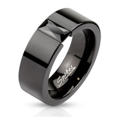 6mm Fashion Ring Black IP Band w/ Rectangular Black CZ Stainless Steel - Zhannel