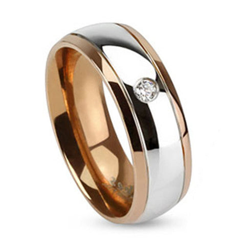 6mm Inner Rose Gold IP Two Toned Stainless Steel Dome Ring Band Single CZ - Zhannel