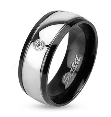 8mm Inner Black IP Two Toned Stainless Steel Dome Ring Band w/Single CZ - Zhannel