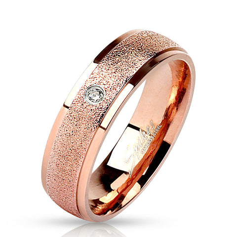 Sanded Center w/ Clear CZ Rose Gold IP Wedding Band Stainless Steel Ring - Zhannel