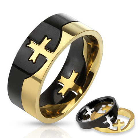 8mm Cross Puzzle Two Tone Black & Gold Ring Stainless Steel Fashion Ring - Zhannel