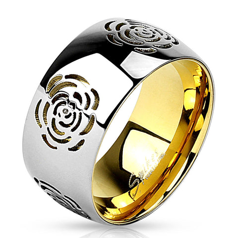 Rose Flower Cut Out Gold IP Two Tone Stainless Steel Fashion Ring Band - Zhannel