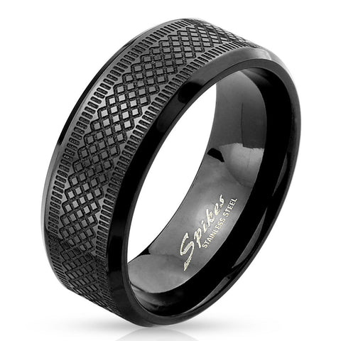 8mm Diamond Grooved Black IP Stainless Steel Ring Band - Zhannel