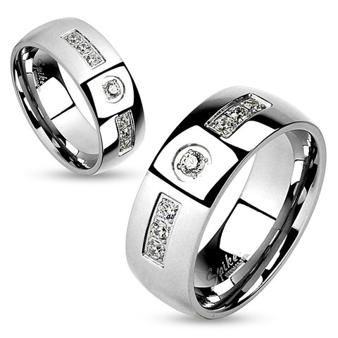 6mm CZ Inlay with Center CZ Stainless Steel Wedding Band Ring - Zhannel
