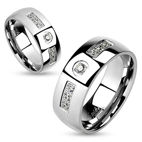6mm CZ Inlay with Center CZ Stainless Steel Wedding Band Ring - Zhannel
