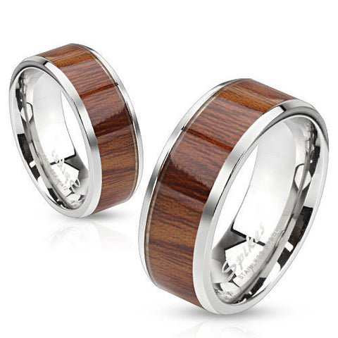 6mm Wood Pattern Light Color Center Stainless Steel Women's Band Ring - Zhannel
