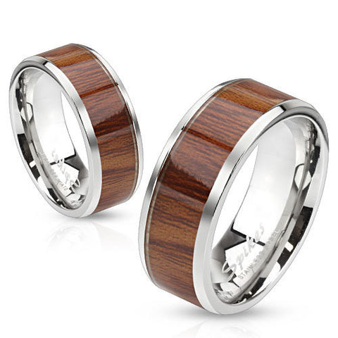 6mm Wood Pattern Light Color Center Stainless Steel Women's Band Ring - Zhannel