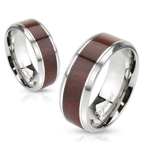 8mm Darker Wood Pattern Center Stainless Steel Beveled Edge Men's Band Ring - Zhannel
