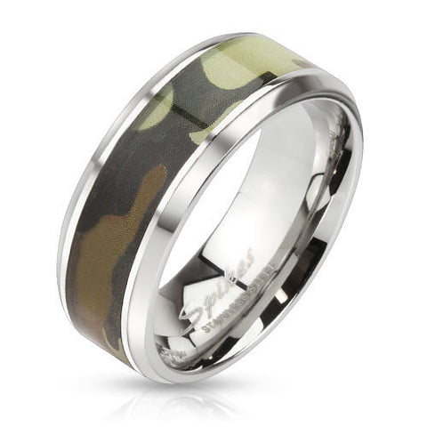 8mm Green Camouflage Inlay Stainless Steel Beveled Edge Band Ring - Zhannel