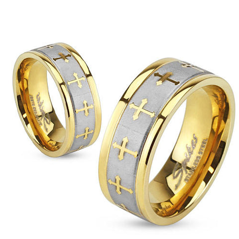 6mm Celtic Cross Gold IP Stainless Steel Ring w/Brushed Center Two Tone Ring - Zhannel