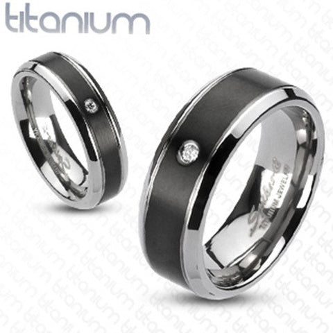 6mm Classic Beveled w/ Black IP Center & Single CZ Solid Titanium Ring - Zhannel