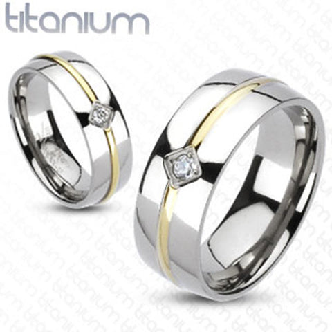 6mm Band Round CZ Gold IP Stripe Center Silver Color Band Ring Solid Titanium - Zhannel
