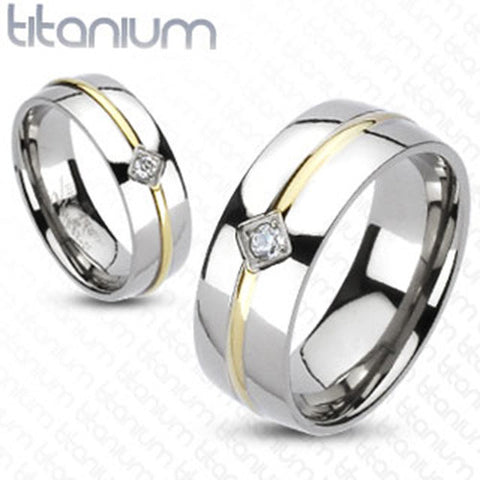 6mm Band Round CZ Gold IP Stripe Center Silver Color Band Ring Solid Titanium - Zhannel