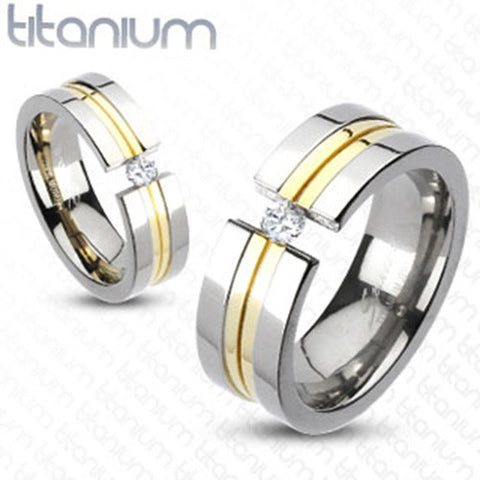 6mm Center Gold IP Double Grooved Band Ring with CZ Solid Titanium - Zhannel