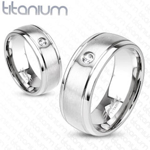 6mm Mirror Polished Edge & Brushed Metal Center w/ CZ Band Ring Solid Titanium - Zhannel