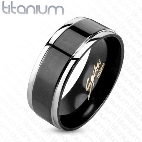 Step Edges w/ Black IP Center Two Tone Men's Ring Solid Titanium - Zhannel
