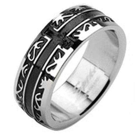 8mm Tribal Black IP with a Cross Band Men's Ring Stainless Steel - Zhannel