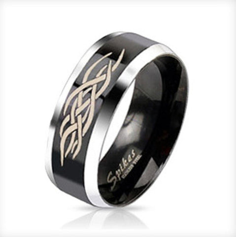 Centered Tribal Inlay Two Tone Black IP Band Men's Ring Stainless Steel - Zhannel