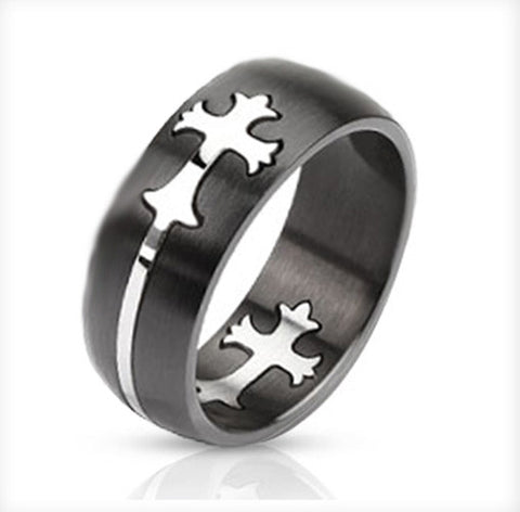 8mm Dome Cut Out Celtic Cross Two Tone Band Ring Stainless Steel - Zhannel