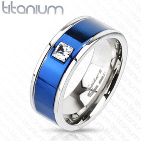 8mm Square CZ Centered Two Tone Blue IP Band Ring Solid Titanium - Zhannel