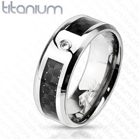 8mm Black Graphite Carbon Fiber Inlay CZ Center Band Ring Solid Titanium - Zhannel