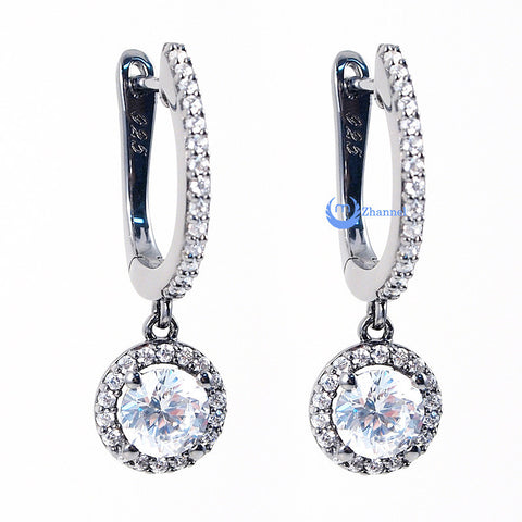 Wedding Bridal Drop Dangle Earrings MARGARET Round Cut CZ Sterling Silver - Zhannel