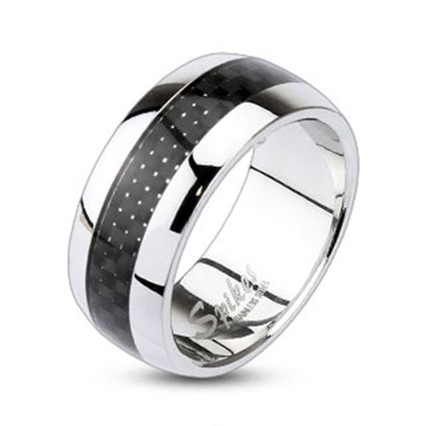 9mm Carbon Fiber Inlay Center Dome Band Ring 316L Stainless Steel Men's Ring - Zhannel