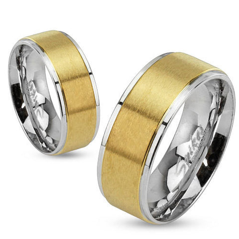 8mm Step Edges Two Tone Brushed Gold IP Center Stainless Steel Band Men's Ring - Zhannel