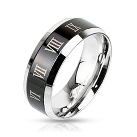 8mm Center Black IP with Roman Numerals Beveled Edge Band Ring Stainless Steel - Zhannel

