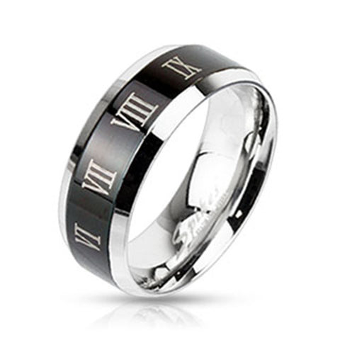 8mm Center Black IP with Roman Numerals Beveled Edge Band Ring Stainless Steel - Zhannel
