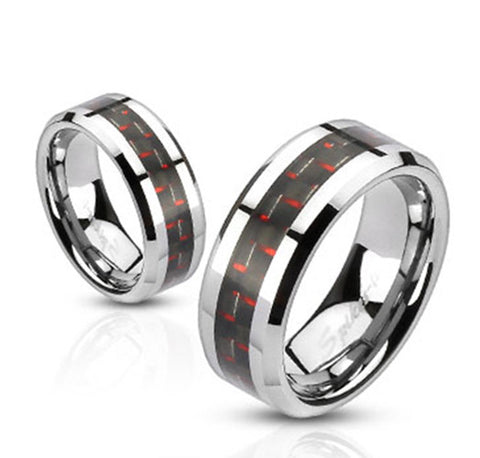 6mm Black and Red Carbon Fiber Inlay Band Ring Stainless Steel - Zhannel
