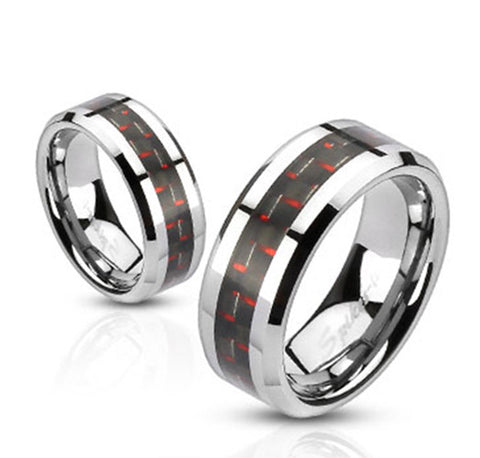 8mm Black and Red Carbon Fiber Inlay Band Ring Stainless Steel Men's Band - Zhannel