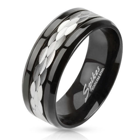 8mm Multi Shaved Steel Center Black IP Band Ring Stainless Steel Men's Ring - Zhannel