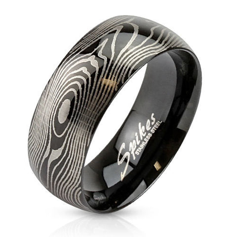 8mm Finger Print Laser Etched Black IP Ring Stainless Steel Men's Fashion Ring - Zhannel