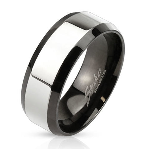 8mm Glossy Center with Beveled Edge Two Tone Stainless Steel Band Men's Ring - Zhannel