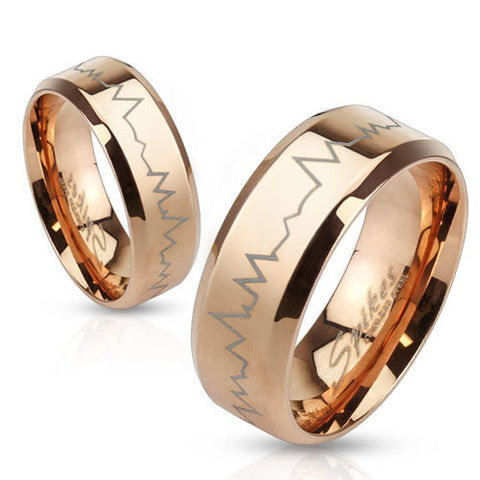 8mm Heartbeat Laser Etched Stainless Steel Rose Gold IP Band Men's Ring - Zhannel