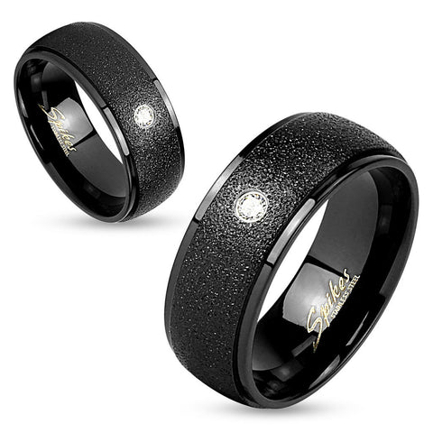 8mm Sanded Center with Clear CZ Black IP Stainless Steel Band Men's Ring - Zhannel