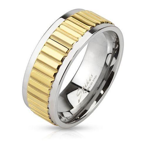 8mm Groove Lined Gold IP Center Stainless Steel Band Men's Fashion Ring - Zhannel