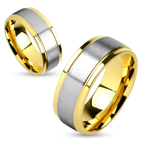 Two Tone Soft Brushed Metal Center Step Edge Gold IP Stainless Steel Ring Sz 5-12 - Zhannel