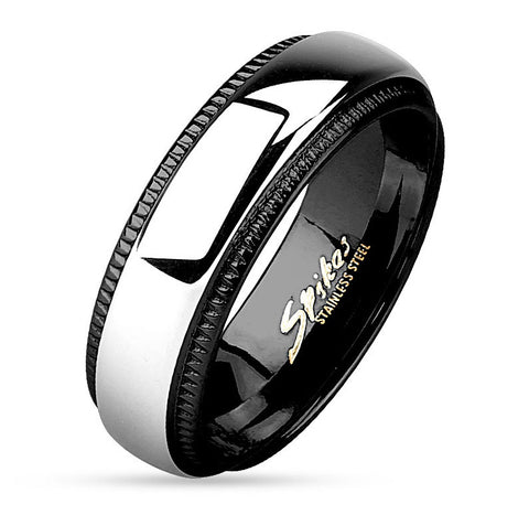 8mm Milled Edge Two Tone Black IP Stainless Steel Band Men's Ring - Zhannel