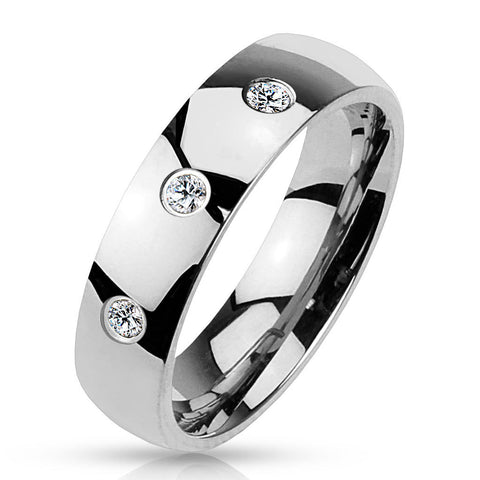6mm 3 Clear CZ Set Classic Dome 316L Stainless Steel Wedding Band - Zhannel